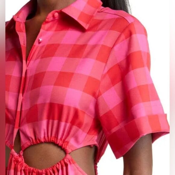CULT GAIA Keegan Cutout Checked Twill Midi Shirt Dress In Ghermez Rose S - Picture 4 of 11
